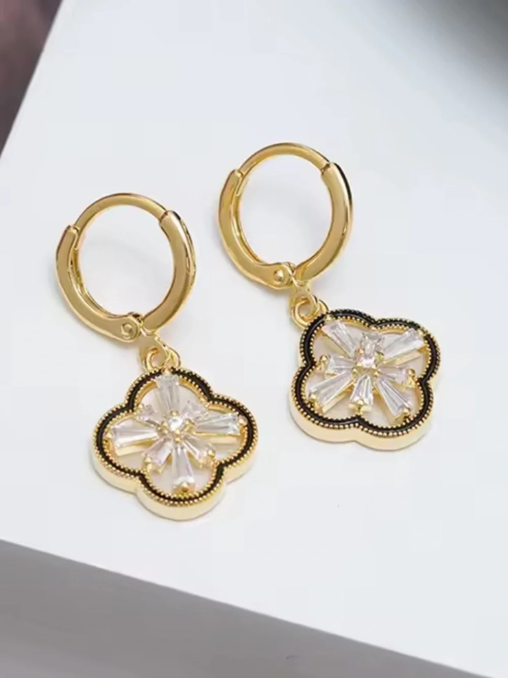 Anthropologie Gold and Clear Crystal Clover Drop Hoop Earrings